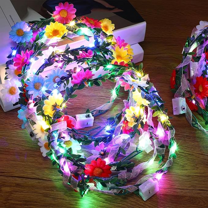 Syhood 40 Pcs LED Flower Headband, Light up Flower Crown Garland Headdress Floral Headpiece for Women Hair Accessories Bridal Shower Holiday Birthday Wedding Party(Sunflower Style)