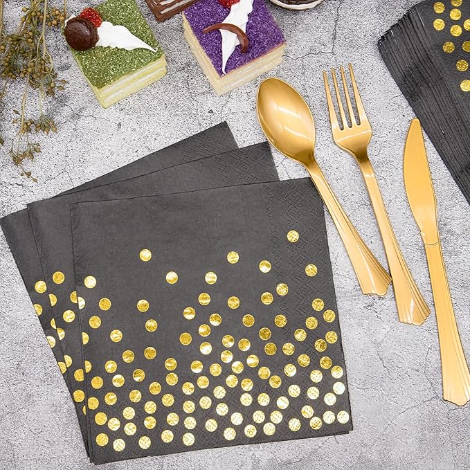 2026 Black and Gold New Years Eve Party Supplies Decorations, 350PCS Disposable Dinnerware Set w/Black Gold Dot Paper Plates Napkin Cup Plastic Forks Knives Spoon for Birthday Christmas Retirement
