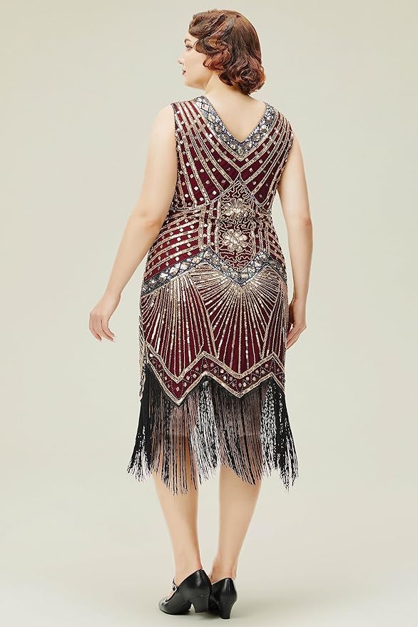 BABEYOND Women's Plus Size Flapper Dresses 1920s V Neck Beaded Fringed Great Gatsby Dress