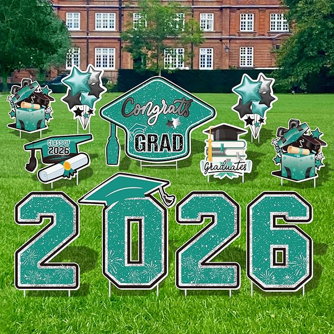 Large 11 PCS Graduation Yard Signs, Class of 2026 Congrats Grad Outdoor Lawn Yard Sign with Stakes, Graduate Yard Decorations for College High School Party, Teal