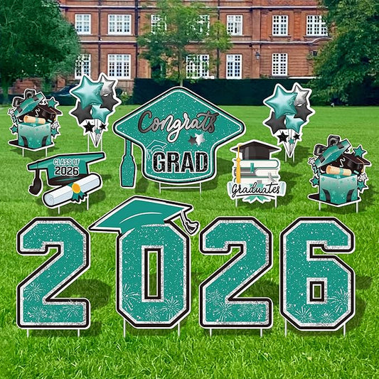 Large 11 PCS Graduation Yard Signs, Class of 2026 Congrats Grad Outdoor Lawn Yard Sign with Stakes, Graduate Yard Decorations for College High School Party, Teal