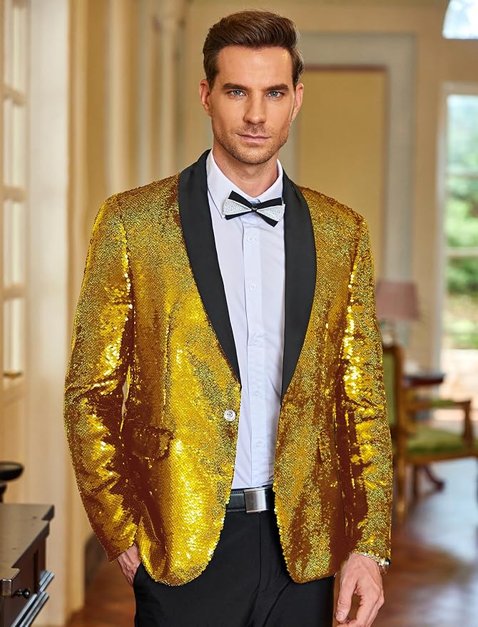 COOFANDY Mens Shiny Sequin Blazer Tuxedo Party Dinner Prom One Button Suit Jacket