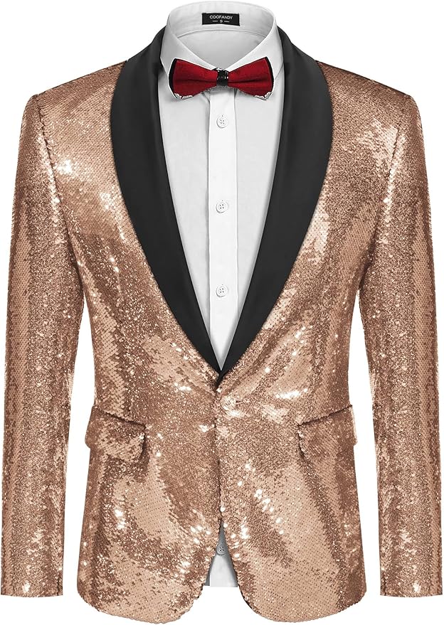 COOFANDY Mens Shiny Sequin Blazer Tuxedo Party Dinner Prom One Button Suit Jacket
