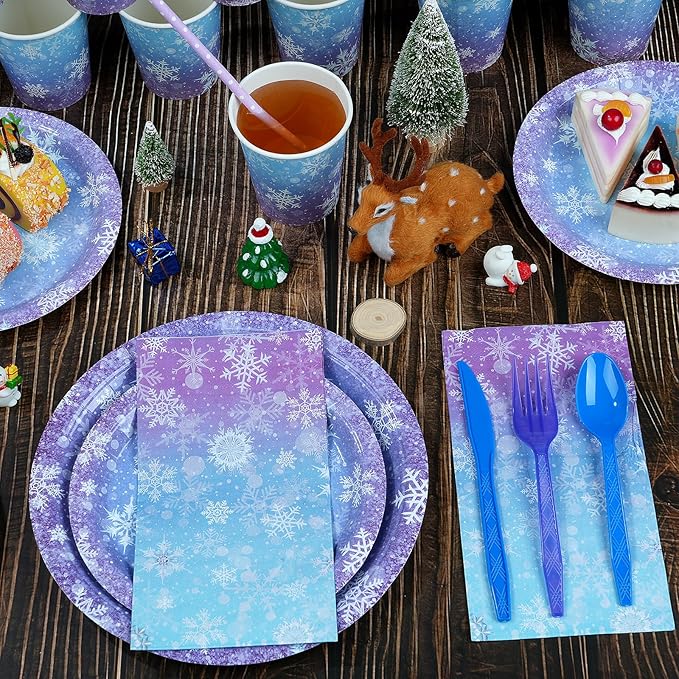 Winter Snowflake Paper Plates and Napkins Set, Blue and Purple Snowflake Winter Wonderland Disposable Tableware for Christmas Winter Holiday New Year Birthday Party Supplies Decorations, Serve 50