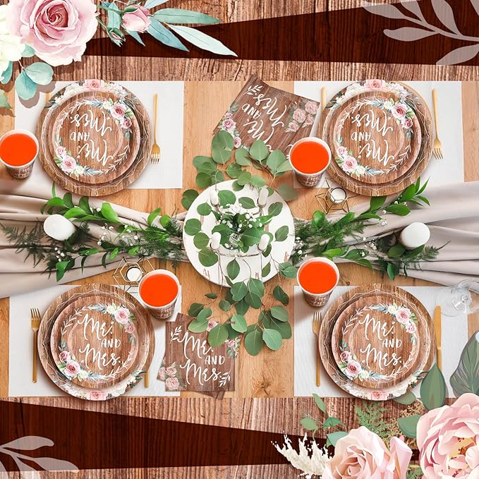 Zhehao 250 Pcs Retro Bridal Shower Plates Napkins Sets 50 Pcs 9'' Dinner Plates and 7'' Dessert Plate and 9oz Cups 100 Napkins Serves 50 Party Supplies Bridal Shower Engagement Decoration