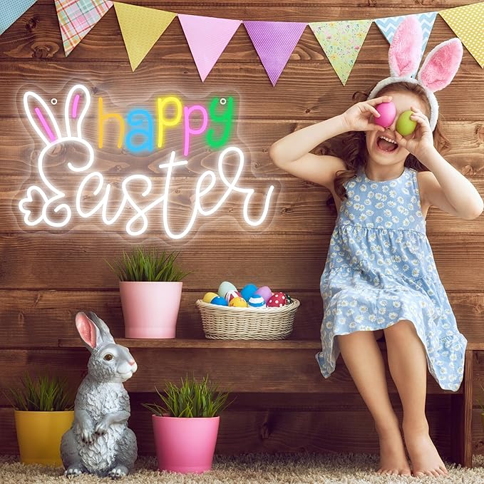 Happy Easter Led Neon Sign, Cute Bunny Ear Light Up Sign, Easter Home Wall Decor for Bedroom, Bar, Window, Spring Party Gifts
