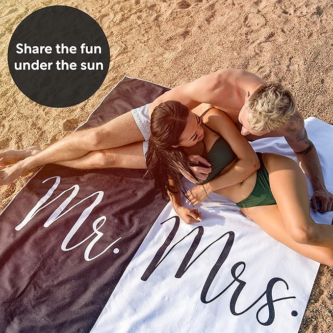 Mr and Mrs Beach Towel - Honeymoon Just Married Towel For Beach - Wedding Gift for Newlywed Couple - Shareable Bride and Groom Towel Set - Thin Travel Friendly His and Her Beach Towel - 78"x59"