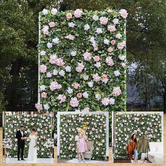 Artificial Luxury‌ Flower Wall Backdrop, Gorgeous 3D Silk Floral Backdrop for Wedding, Baby Shower, Party and Home Decor, Quick Assembly/Storage, Eco ＆ Pet Friendly, 2 pcs, Each Panel 2 * 8 ft.