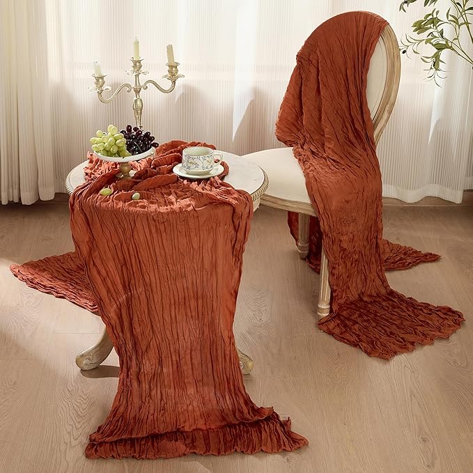 12 Pack Terracotta Thanksgiving Table Runner Cheese Cloth Boho Rustic Gauze 120 Inch 10 FT Burnt Orange Sheer Cheesecloth Table Runners for Wedding Birthday Baby Shower Holiday Party Fall Decor