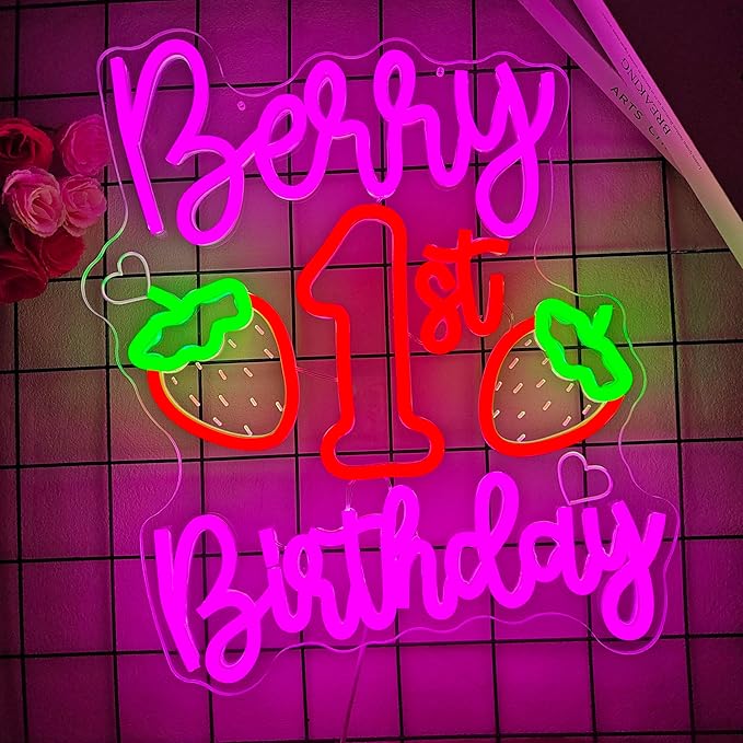 Berry First Birthday Neon Sign Strawberry 1st Birthday Neon Lights Dimmable Strawberry Theme Led Sign Backdrop Berry Sweet One Birth Party Decorations
