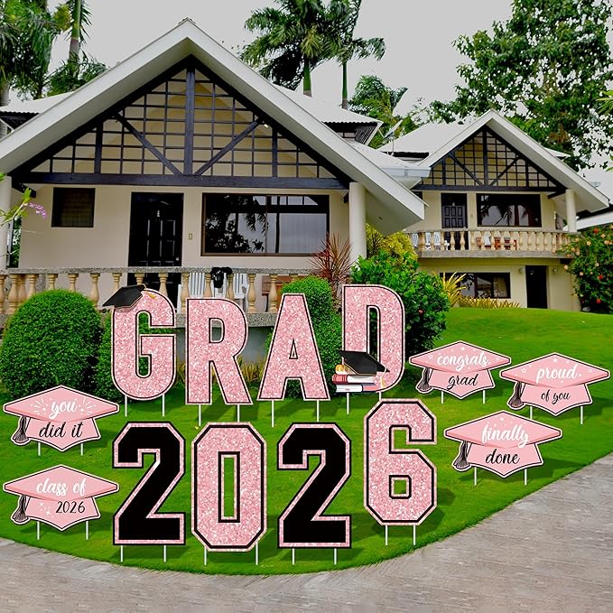 Aneco Waterproof 2026 Grad Yard Signs Plastic Graduation Yard Signs Party Outdoor Lawn Decorations 16 Inches Glitter Congrats Grad Lawn Sign with Stakes for Outdoor Party Garden Decor (Pink)