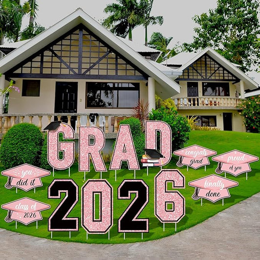 Aneco Waterproof 2026 Grad Yard Signs Plastic Graduation Yard Signs Party Outdoor Lawn Decorations 16 Inches Glitter Congrats Grad Lawn Sign with Stakes for Outdoor Party Garden Decor (Pink)