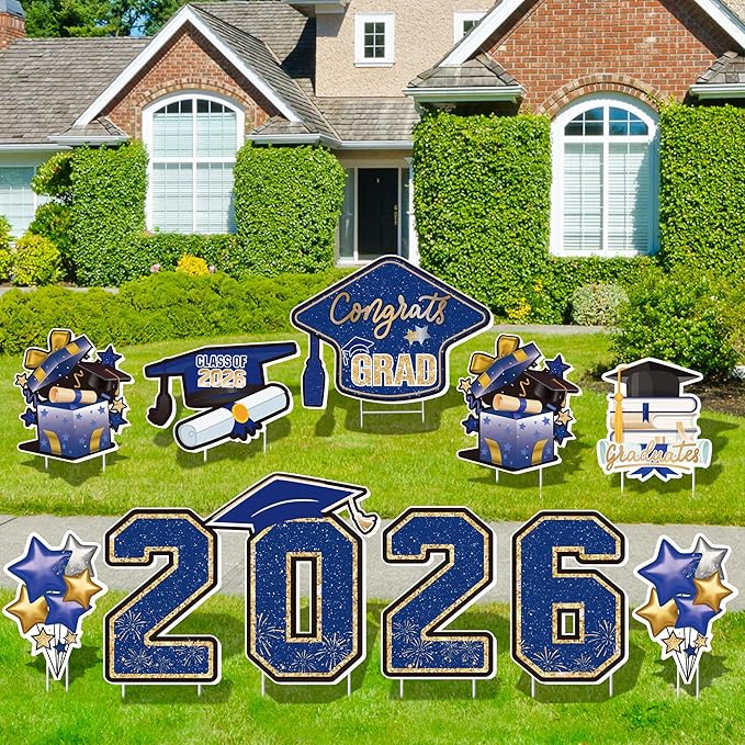Large 11 PCS Graduation Yard Signs, Class of 2026 Congrats Grad Outdoor Lawn Yard Sign with Stakes, Graduate Yard Decorations for College High School Party, Blue and Gold