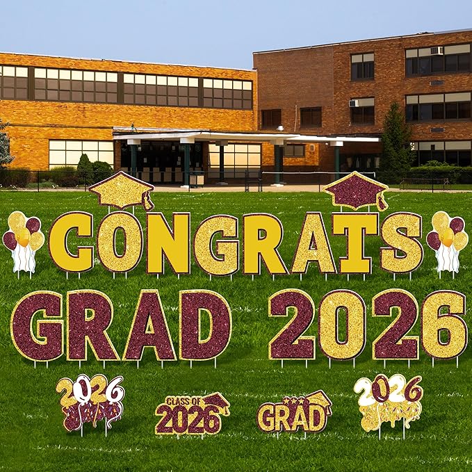 ANVAVO 2026 Congrats Grad Yard Signs Graduation Waterproof Decorations Graduation Yard Sign Decorations Grad Party Outdoor Lawn Decor with Stakes, Maroon and Gold