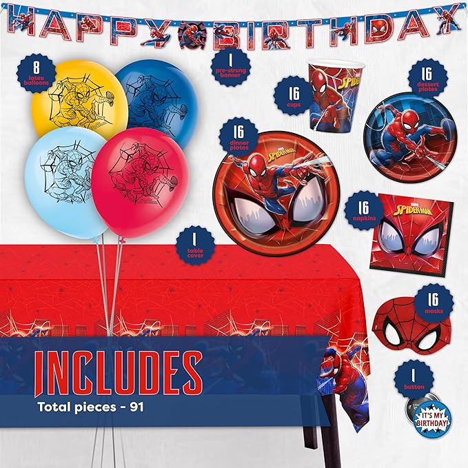 Spiderman Birthday Decorations | Spiderman Party Decorations | Serves 16 Guests | Balloons, Banner, Table Cover, Plates, Cups, Napkins, Masks, Button | Officially Licensed