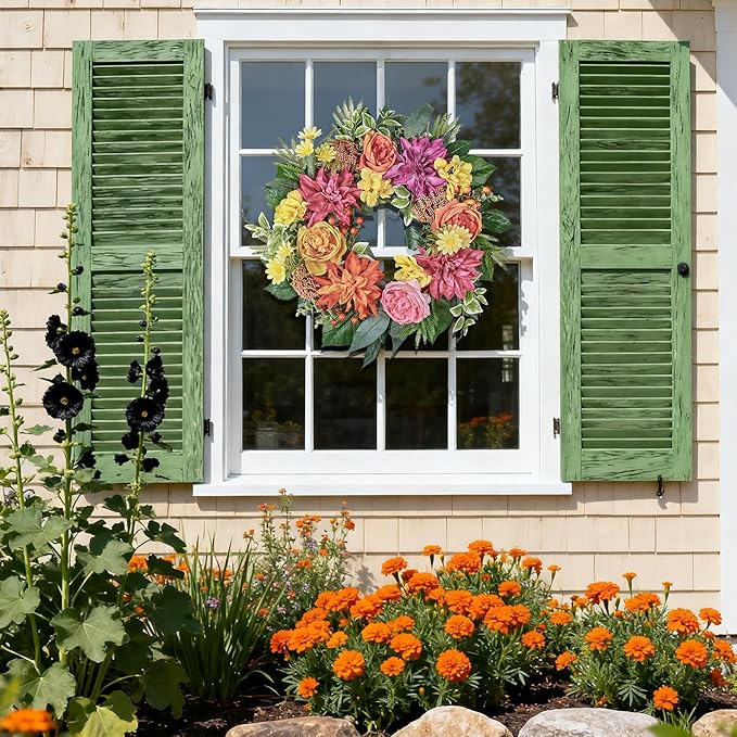 24 Inch Spring Wreath for Front Door with Roses Dahlias Silk Flowers with Berry Greenery for All Seasons Indoor Outdoor Porch Wedding Wall Farmhouse Porch Wall Living Room Home Widding Decor