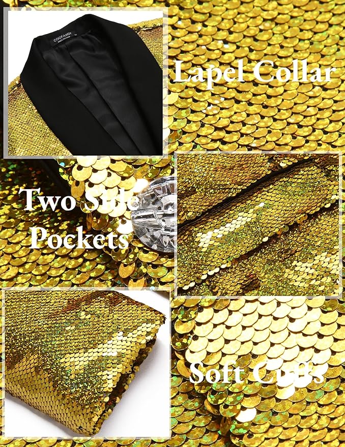COOFANDY Mens Shiny Sequin Blazer Tuxedo Party Dinner Prom One Button Suit Jacket