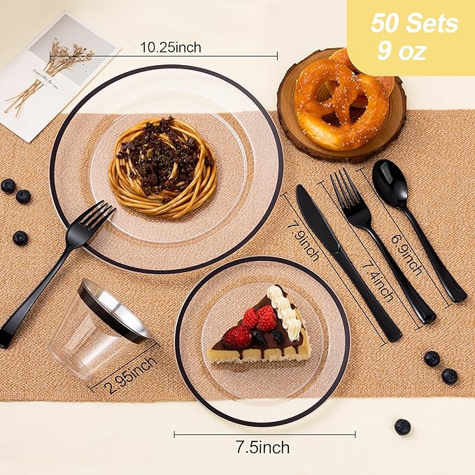 Beststar 350PCS Black and Clear Plastic Dinnerware Sets for 50 Guests, Include 100 Black Disposable Plates, 100 Forks, 50 Knives, 50 Spoons, 50 Cups,Halloween