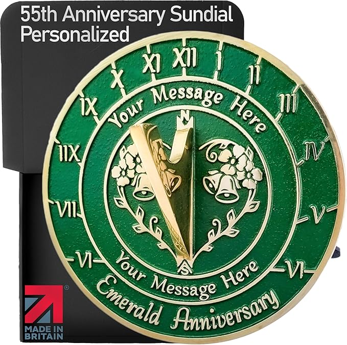 The Metal Foundry Personalized Emerald 55th Large Sundial - Recycled Brass Home Decor Or Garden Present Idea Made in The UK for Parents, Grandparents, Friends, Couples 55 Yr Marriage