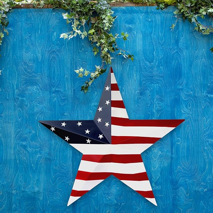 JoyEvy 19.4“ Patriotic Metal Barn Star Wall Decor, American Flag Stars for House Ornaments, Indoor Outdoor Wall Hanging Primitive Decor Star for 4th of July Decoration