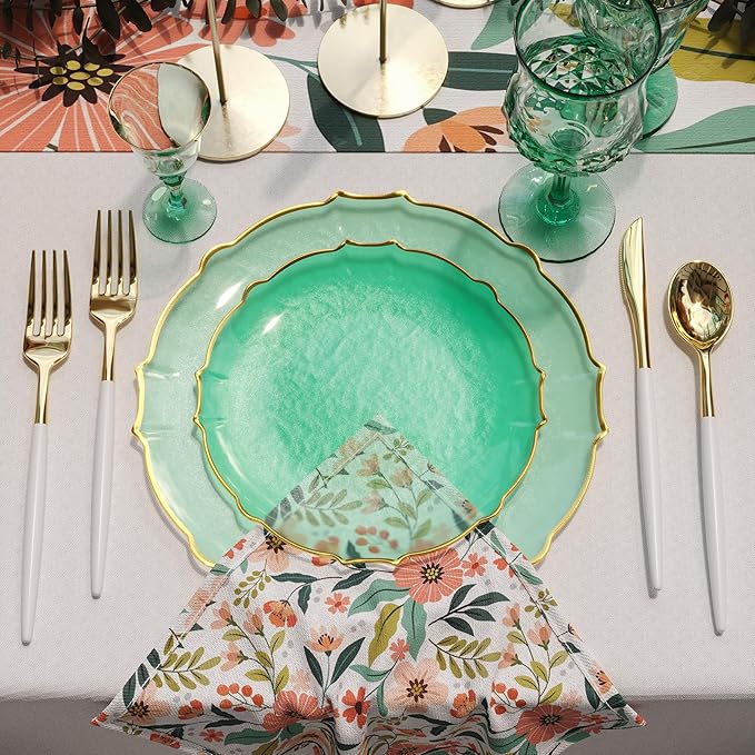 Exquisite Tinted Plates 40 Piece Plastic Disposable Plates for Party Set For 20 Guests 20 X 7.5 Dessert Plates & 20 X 10 Thin Delicate Fancy Plastic Plates Disposable Dinnerware Mint Gold Rim