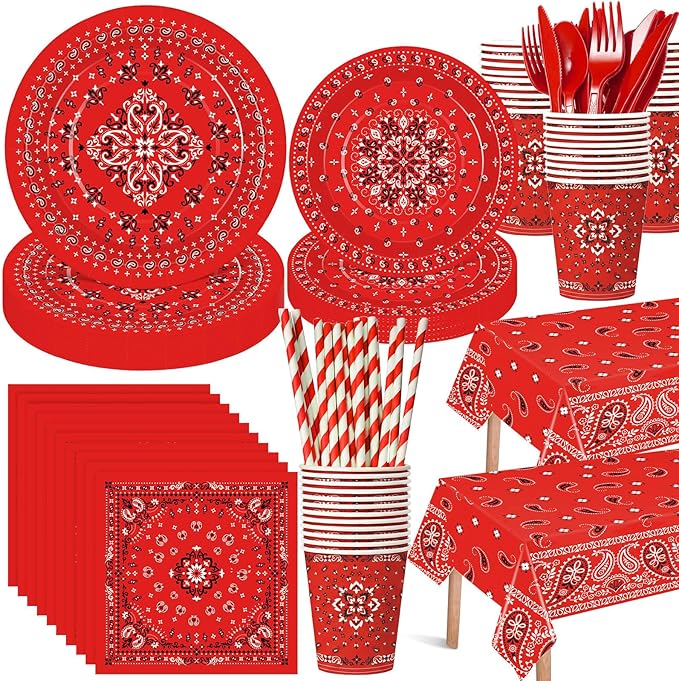452 Pcs Red Bandana Western Party Decorations for 50 Guests, Red Bandana Paper Plates Cups Napkins Tablecloth Cutlery Straws for Cowboy Cowgirl Farm Baby Shower Birthday Party Supplies