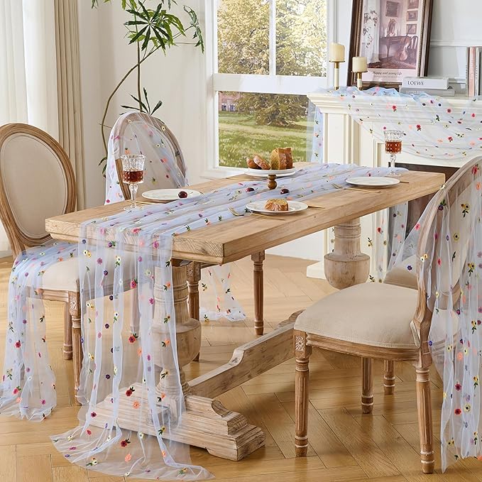 6PCS Blue Floral Table Runner 10 FT, Embroidery Daisy Table Runners Seasonal Spring Summer Sheer Tulle Dining Table Decor for Home Party Birthday Decor 29x120 Inch ﻿