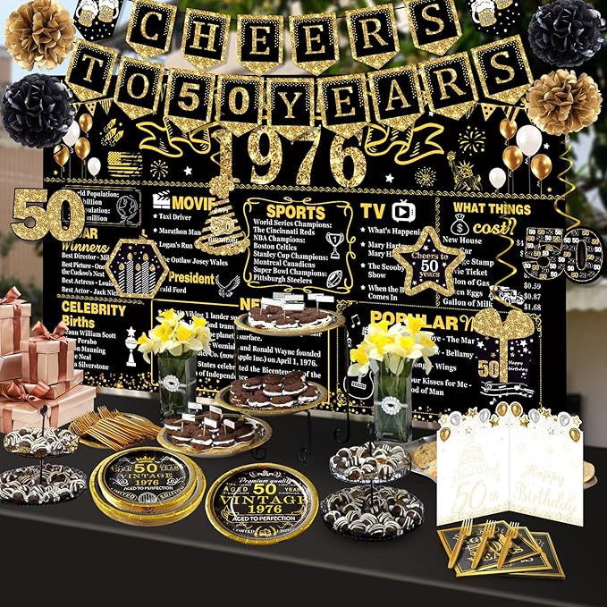 50th Birthday Decorations for Men Women, 103 PCS Back in 1976 Decorations, Vintage 50th Birthday Party Tableware Set for men,Backdrops,Card, banner, paper Poms,Hanging Swirl, Tableware for 24 Guests
