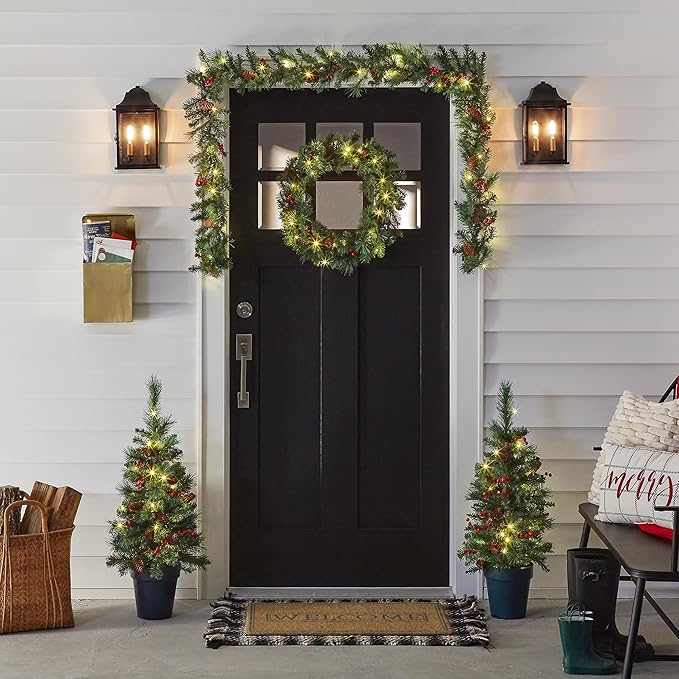 National Tree Company Pre-Lit Everyday Collection Artificial Christmas Decoration Set with LED Lights, Includes 2 Mini Christmas Trees,1 Wreath, and 1 Garland, Set of 4