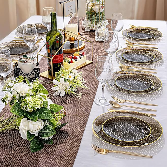 Rubtlamp 60Pcs Black Plastic Plates, Black Disposable Plates With Gold Rim, Clear Heavy-duty Party Plates, Hammered Plastic plates Include 30 Dessert Platos, 30 Dinner Platos for Party