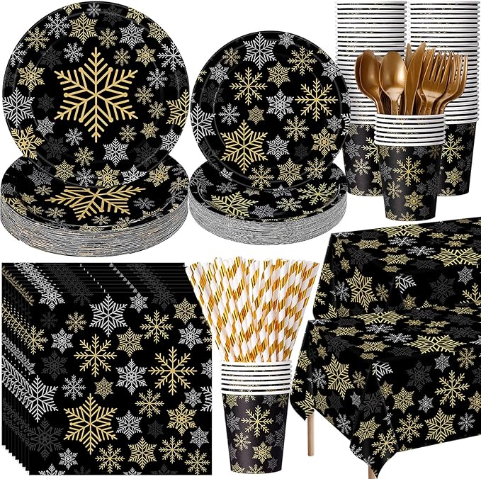 452 Pcs Christmas Snowflake Party Supplies Black Gold and Sliver Snowflake Paper Plates and Napkins Cups Tablecloth Cutlery Straws for 50 Guests Winter Xmas Birthday Party Decoration