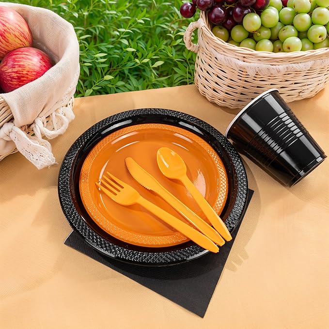 MirthMood 350PCS black and orange Plastic Plates,Black Disposable Plates –Plastic Plates Set Includes 50 Dinner,50 Dessert Plate,50 Cup&50 Napkins, 50 orange Silverware for Parties&Thanksgiving