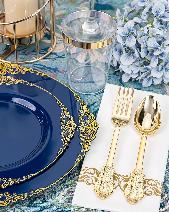 Nervure 175PCS Blue Plastic Plates - Blue Gold Plastic Dinnerware Set Disposable Include 50 Plates for Dinner and Dessert, 25Knives, 25Spoons, 25Forks, 25Cups, 25Napkins for Weddings & 4th of July