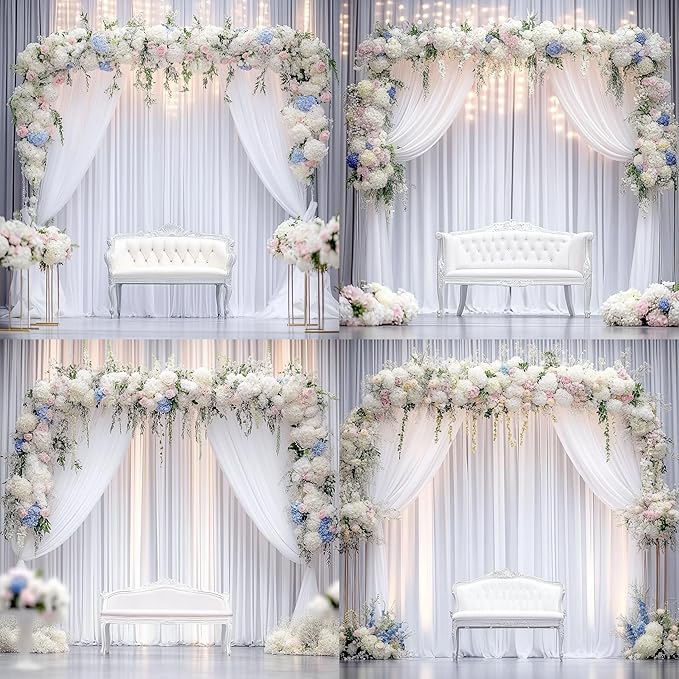 30 ft x 8 ft White Backdrop Curtain Drapes for Wedding Parties, 6 Panels 5 ft x 8 ft Wrinkle Free Polyester Photo Drapes for Birthday Party Baby Shower Backdrop Stand