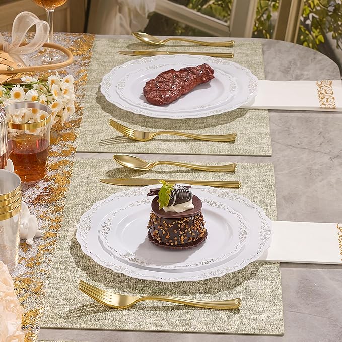 350 PCS White and Gold Disposable Plates, Elegant Dinnerware Set for 50 Guests, 100 Plastic Plates, 150 Silverware, 50 Cups & 50 Paper Napkins, White and Gold