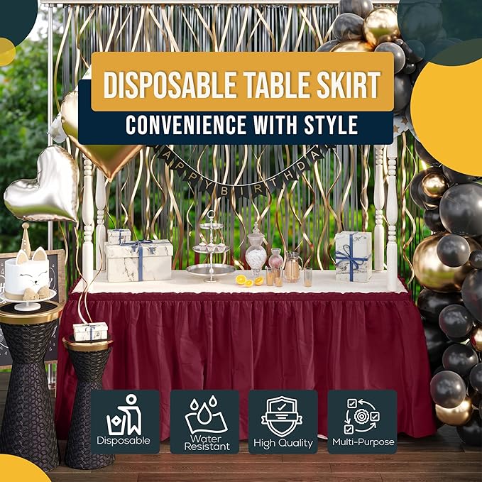 Exquisite Ruffle Table Skirt Burgundy 12 Pack 14 Ft Long Table Skirts for Rectangle Tables 6ft Plus or Round Tables Skirts with Adhesive Strip for Gender Reveal Decor & Happy Birthday Parties