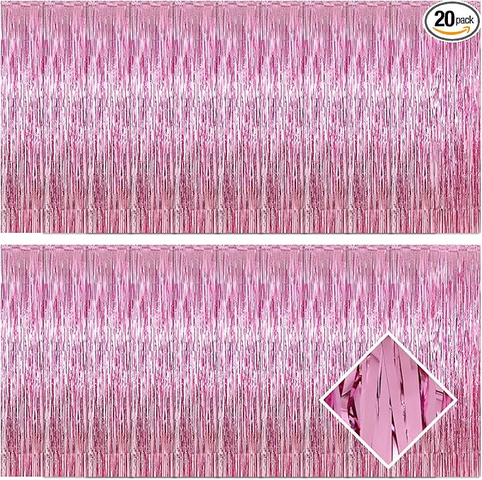 20 Pack Pink Foil Fringe Curtains 3.2ft x 9.8ft Foil Curtain Backdrop Metallic Tinsel Curtains Streamer Photo Booth Backdrop for Birthday Party Engagement Bachelorette Party Decorations