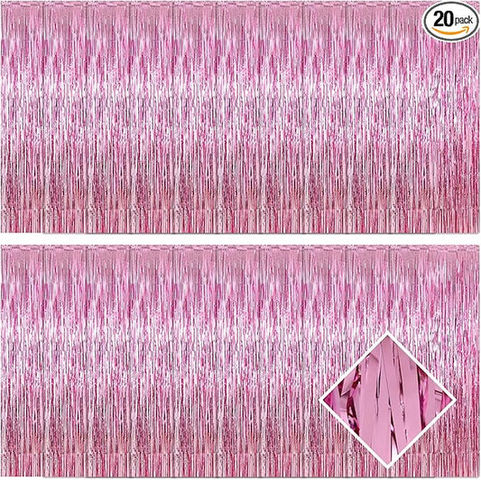20 Pack Pink Foil Fringe Curtains 3.2ft x 9.8ft Foil Curtain Backdrop Metallic Tinsel Curtains Streamer Photo Booth Backdrop for Birthday Party Engagement Bachelorette Party Decorations