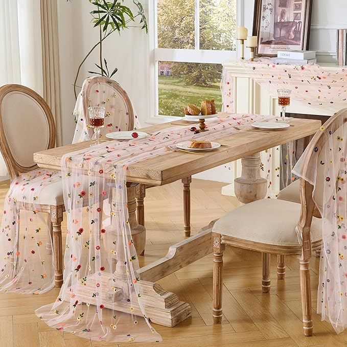 6PCS Pink Floral Table Runner 10 FT, Embroidery Daisy Table Runners Seasonal Spring Summer Sheer Tulle Dining Table Decor for Home Party Birthday Decor 29x120 Inch