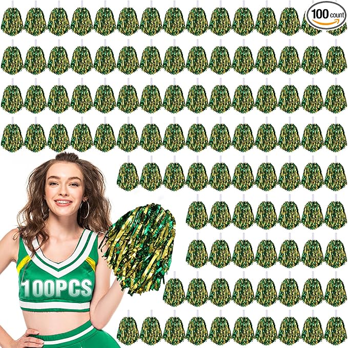 Hanaive 100Pcs Metallic Cheerleading Pom Poms with Baton Handle Cheerleader Pompom Foil 30g Cheering Squad Hand Flowers for Adults Team Spirit Sports Party Cheering