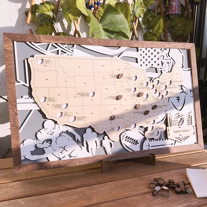Personalized Wooden American Football Stadium Tracker Map - Football Stadium Bucket List - Custom Travel Map - Handcrafted Wall Art - Unique Gift for Football Fans (With Silhouette)