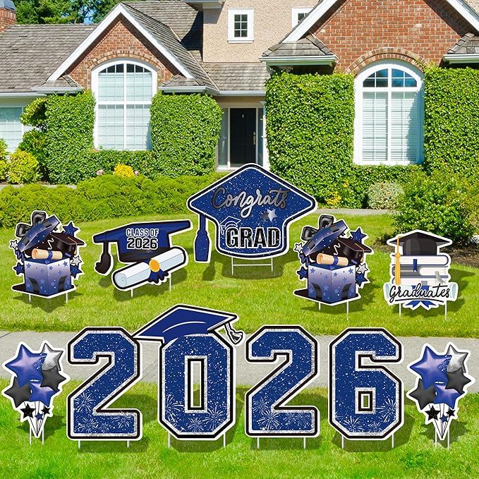Large 11 PCS Graduation Yard Signs, Class of 2026 Congrats Grad Outdoor Lawn Yard Sign with Stakes, Graduate Yard Decorations for College High School Party, Black and Blue