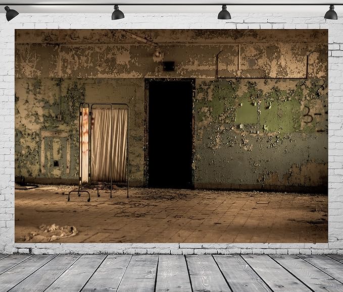 BELECO 9x6ft Fabric Creepy Old Hospital Backdrop Abandoned Hospital Insane Asylum Haunted Halloween Backdrop Shabby Interior Horror Themed Party Decorations Kids Adult Portrait Shooting Photo Props