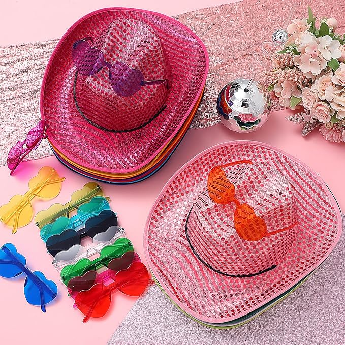 Bonuci Sequin Glitter Cow Hat and Funny Rimless Sunglasses Sparkly Party Favor for Women Men