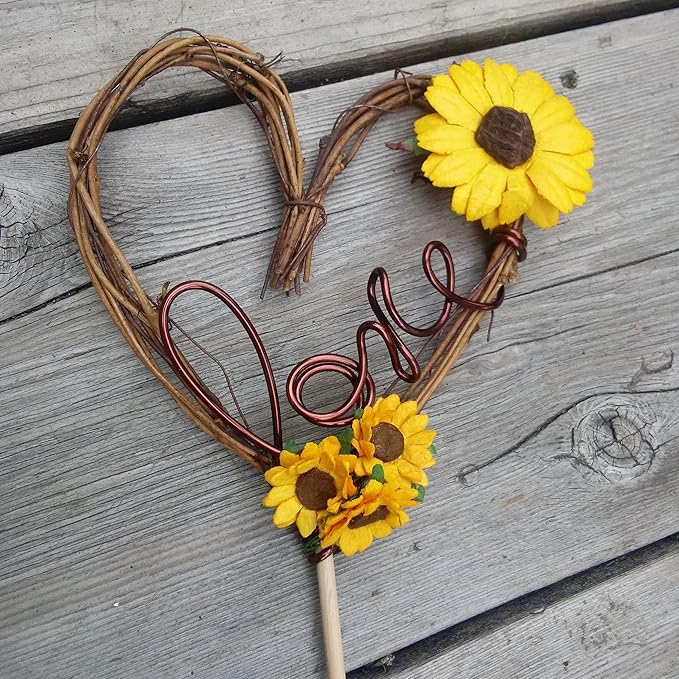 Love Cake Topper in Grapevine Twigs and Sunflowers for Engagement Party, Rustic Bride Shower, Wedding Receptions