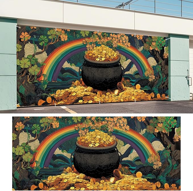 Pot of Gold St. Patrick’s Day Garage Door Banner 7x16FT, Lucky Clover & Rainbow Garage Door Cover, Outdoor Decoration for Yard & Garage on St. Patrick’s Day