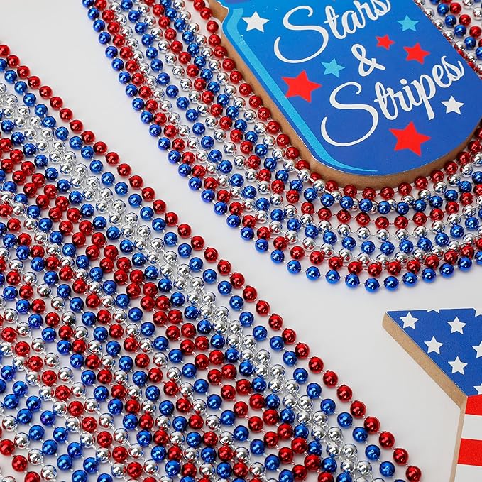200 PCS Beads Necklace, 33" Metallic Patriotic Necklace, Red Blue Silver Fourth of July Beads Accessories Party Supplies for Adult 4th of July Independence Day Memorial Day Veterans Day