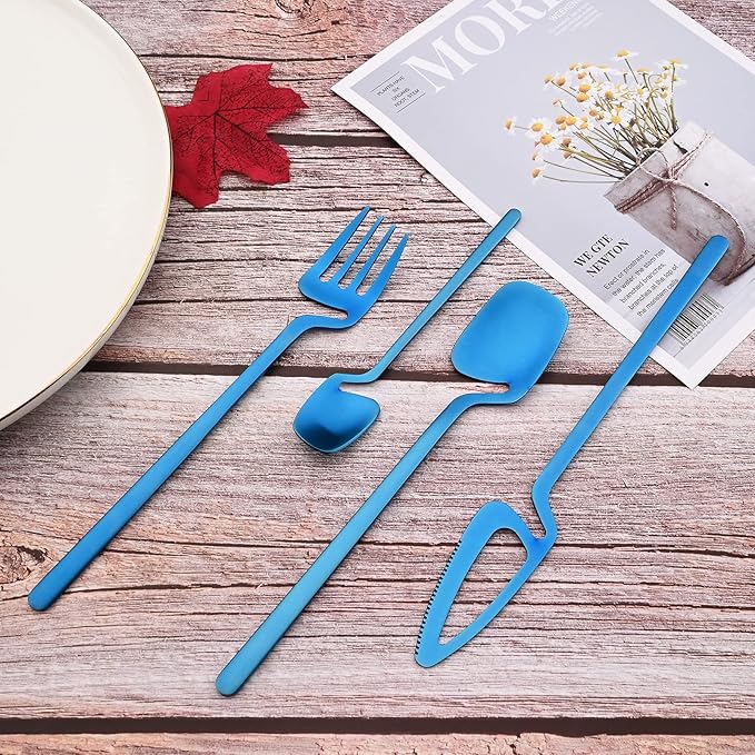 JASHII Silverware Set Satin Finish 24-Piece Stainless Steel Flatware Set Kitchen Utensil Set Service for 6 Tableware Cutlery Set Dishwasher Safe (Matte Blue)