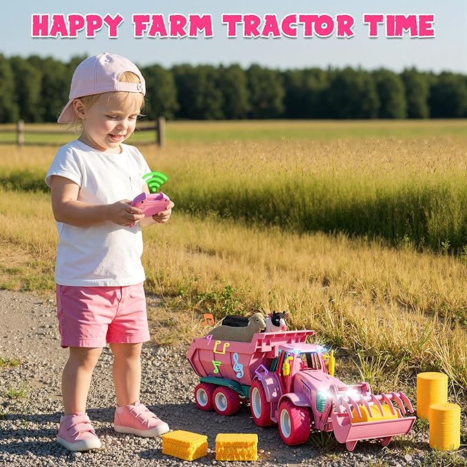 Funwee RC Farm Tractor Toy w/Light & Music, Kid Truck Toy w/Front Loader & Farm Animal, 2.4GHz RC Tractor Trailer Car Vehicle Toy for Boy Girl Age 3 4 5 6 7+ Year Old Christmas Birthday Gift (Pink)