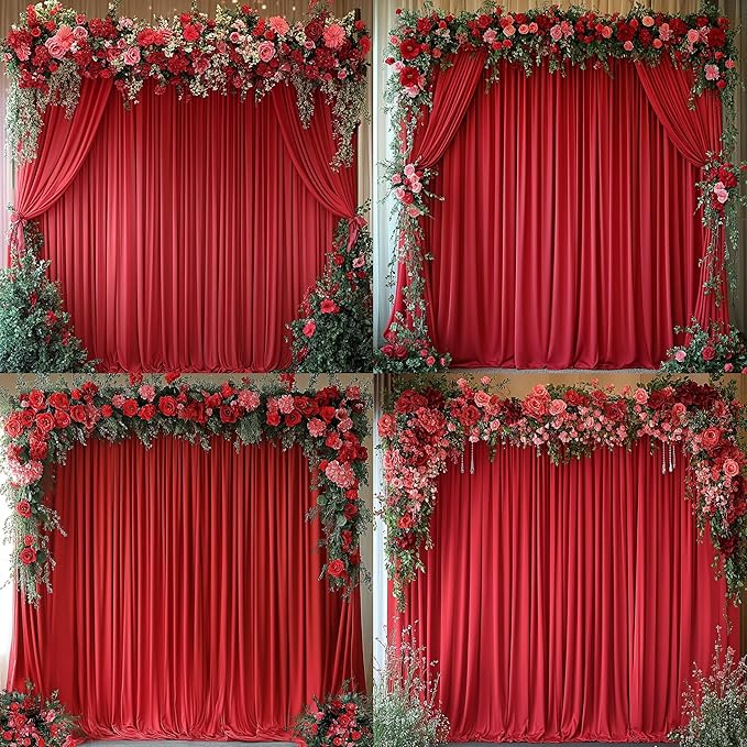 Outpain 20 ft x 8 ft Red Backdrop Curtain Panels, 4 Panels 5 ft x 8 ft Wrinkle Free Polyester Photography Backdrop Drapes, Wedding Party Home Decoration Supplies